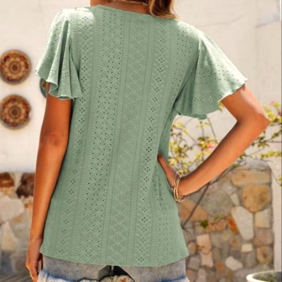Eyelet-Lace Flutter-Sleeve Top - Picture 2 of 2